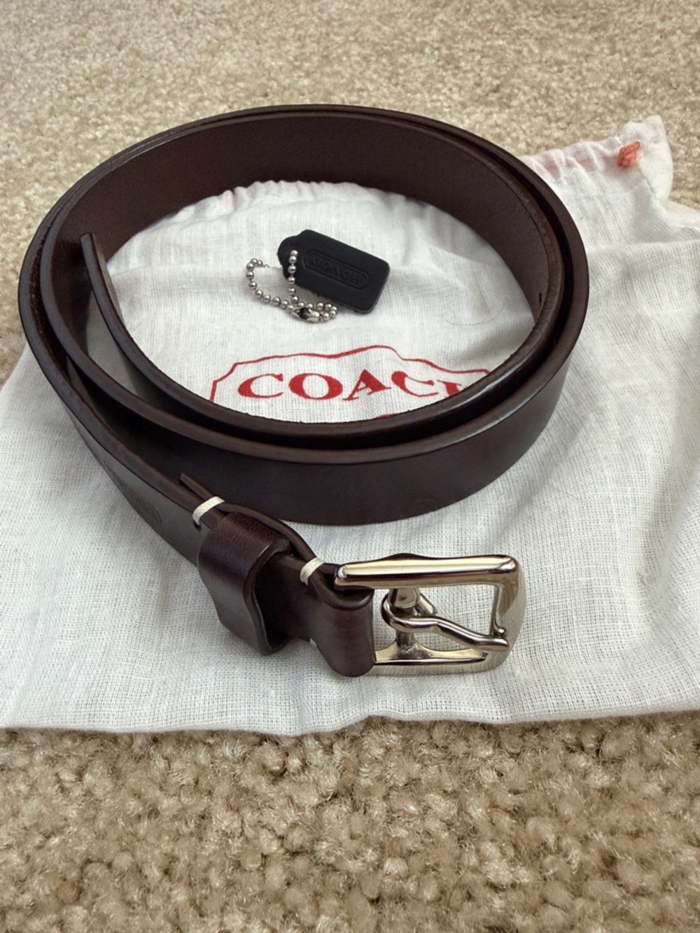 Vintage Coach Dark Brown Women’s Leather Belt Silver Brass Buckle Dust Bag
